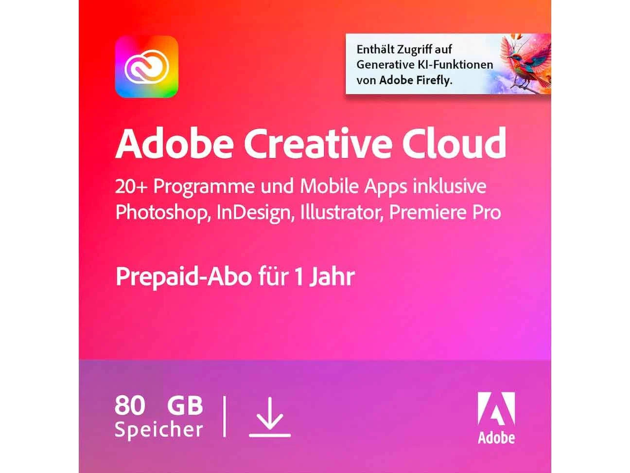 Adobe Creative Cloud Jahres-Abo mit 80 GB Cloud und Adobe Firefly KI-Funktionen