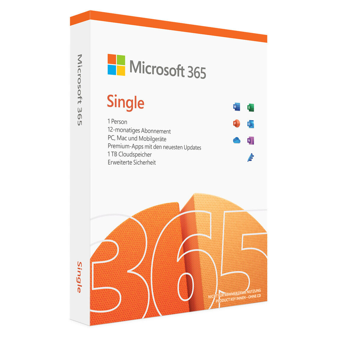 Microsoft 365 Single 1 Nutzer, 12 Monate, Box, Produktschlüssel, Download für Windows, Office, Outlook, Excel, Word, PowerPoint, OneNote, Cloudspeicher
