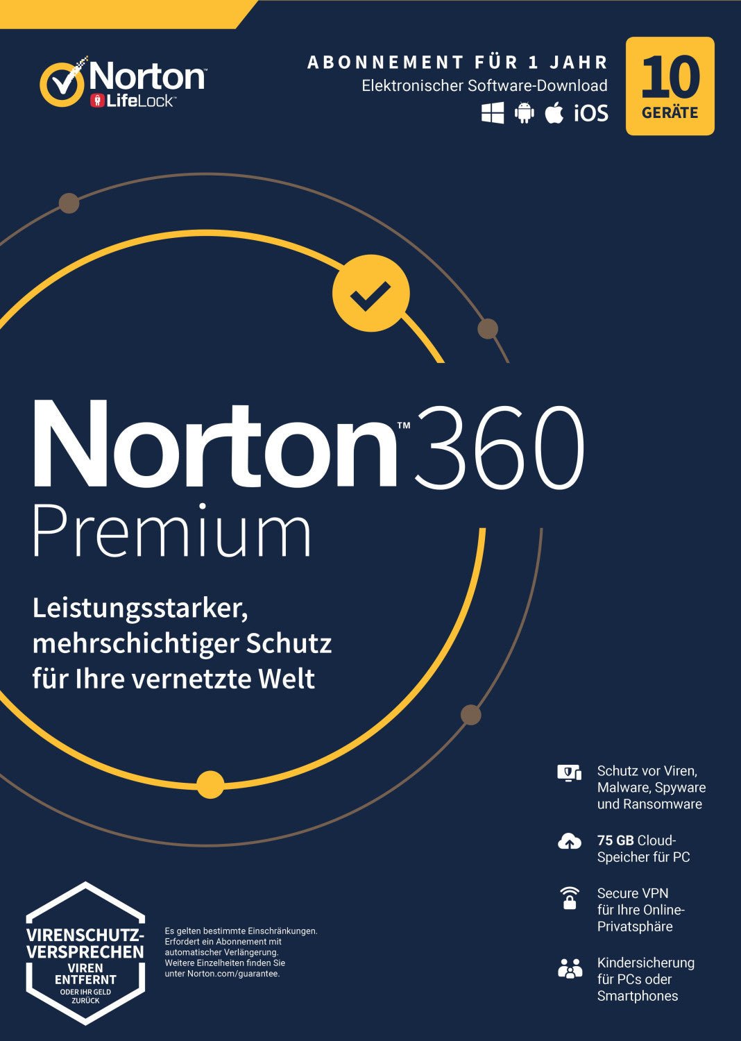 Norton 360 Premium – 10 Geräte / 1 Jahr | VPN + 75 GB Cloud | Windows & Mac - Lizenzsofort