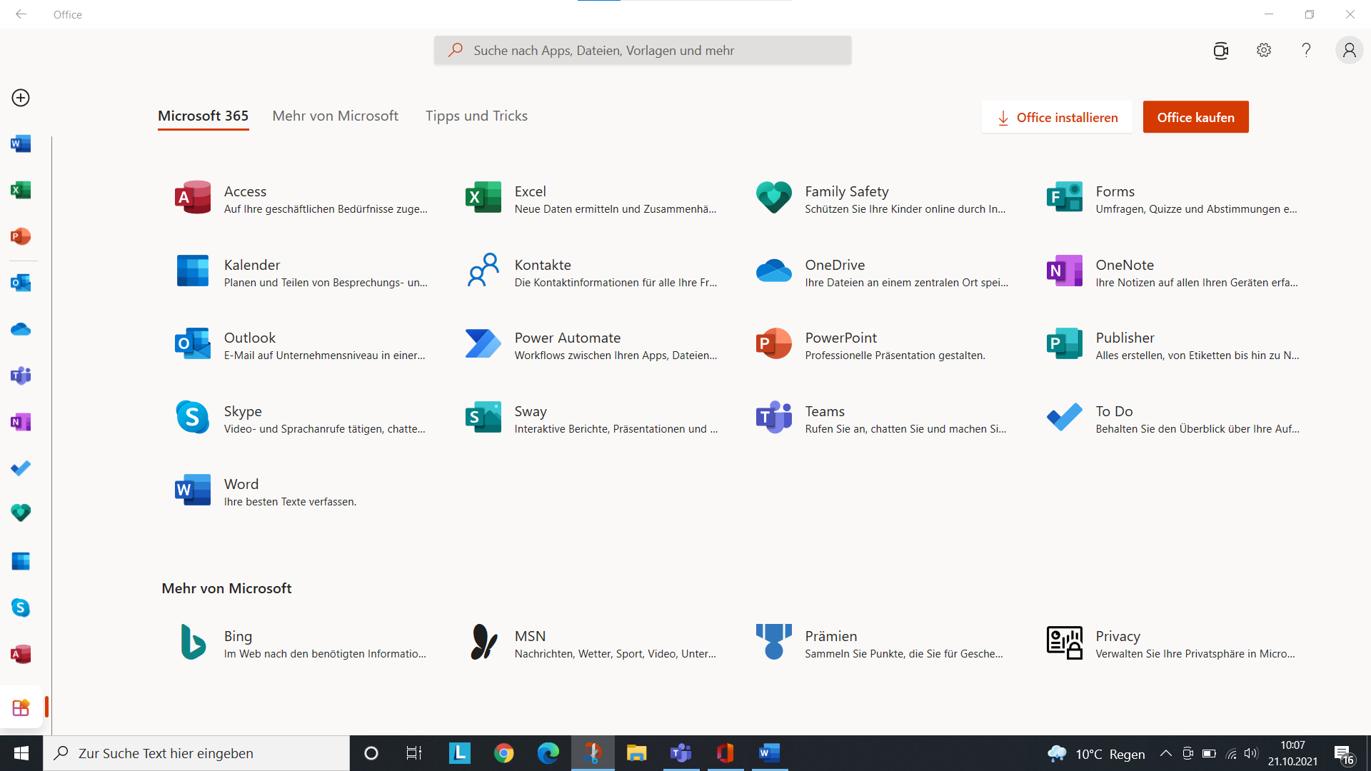 Office 365 Programme Übersicht, Excel Word PowerPoint OneNote Teams und weitere Anwendungen auf Windows
