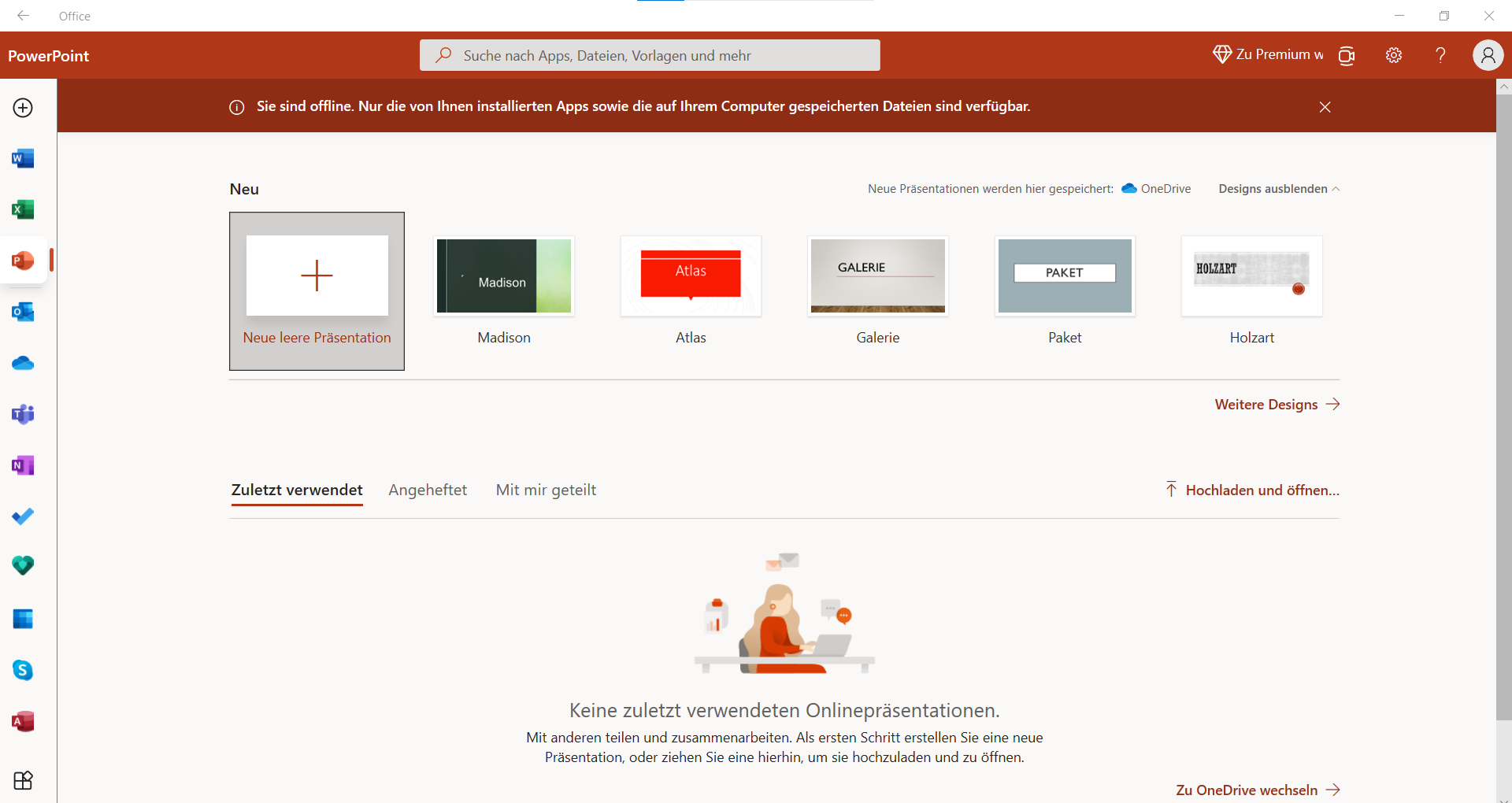 PowerPoint Startbildschirm, neue Präsentation anlegen, Office Anwendung auf Windows
