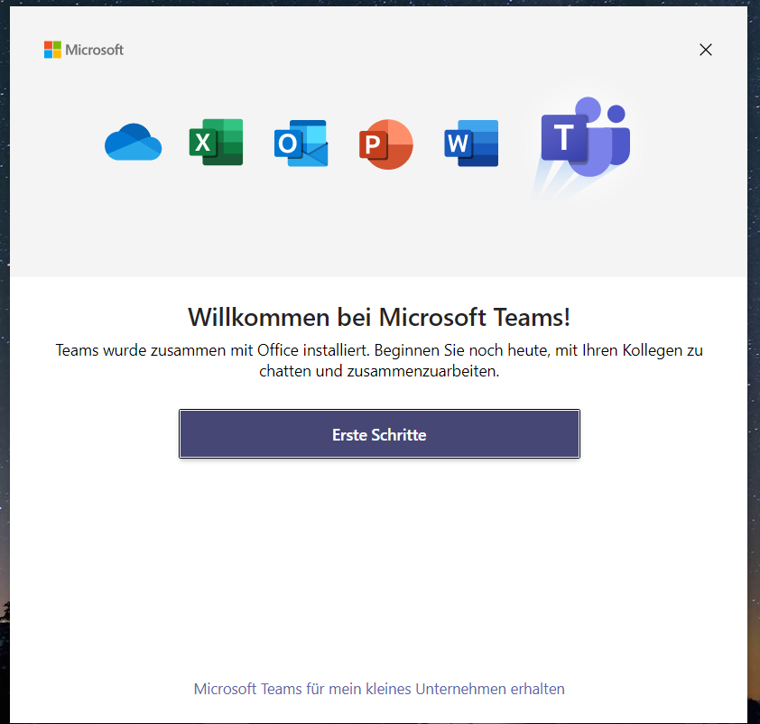 Teams Willkommen Bildschirm, Office Chat und Zusammenarbeit starten, Windows Anwendung
