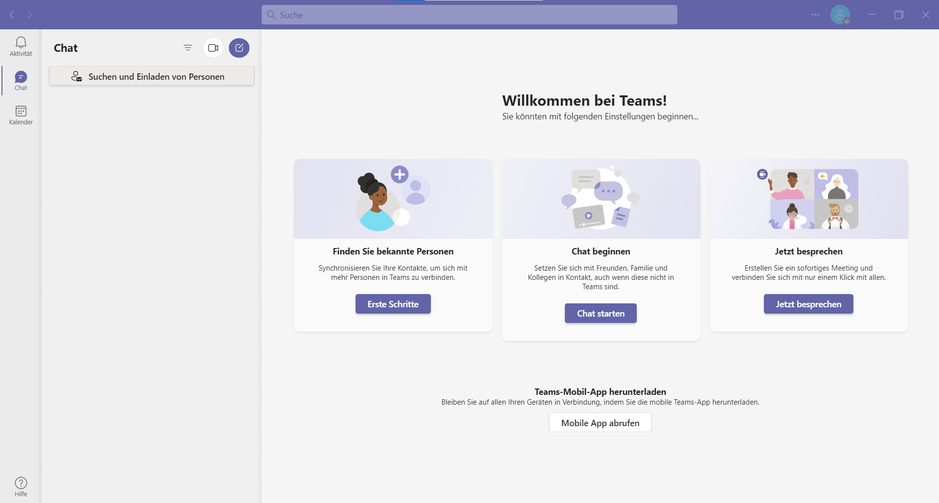 Teams Willkommen Bildschirm, Office Chat und Zusammenarbeit starten, Windows Anwendung
