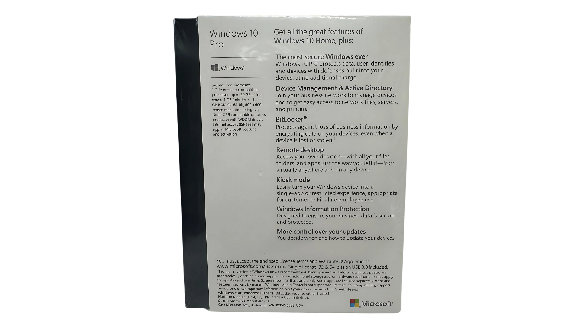 Windows 10 Pro Box Rückseite, Systemanforderungen, Featureübersicht für PC
