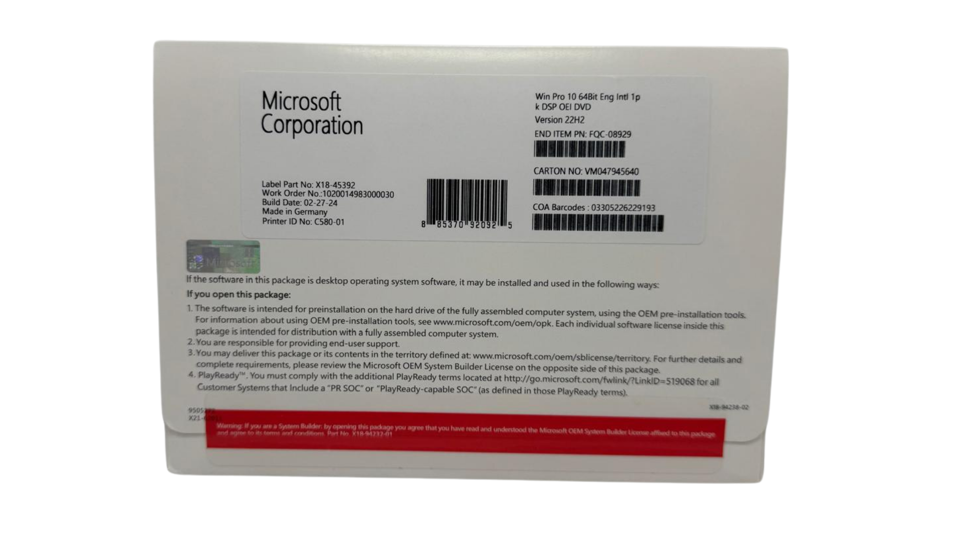 Windows 10 Pro OEM COA Box Vorderseite, Produktschlüssel für PC, Original Verpackung

