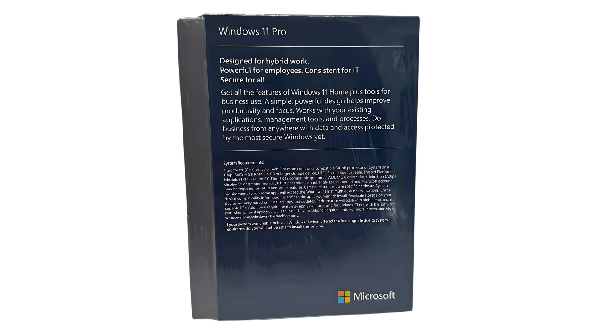 Windows 11 Pro Systemanforderungen und Box-Rückseite, Produktschlüssel Einmalkauf
