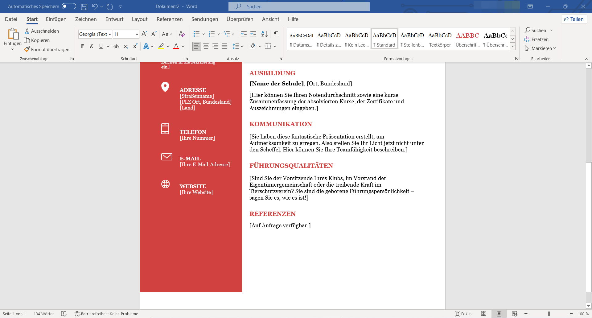 Word Lebenslauf Vorlage mit rotem Balken, Office Textverarbeitung, Muster für Bewerbung auf Windows
